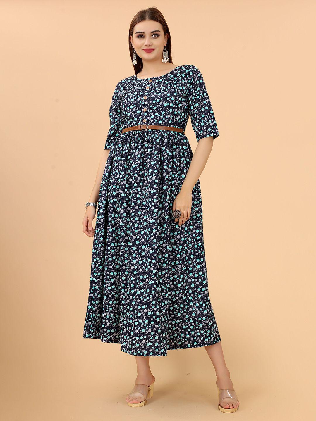 ketaki fashion navy blue floral crepe midi dress