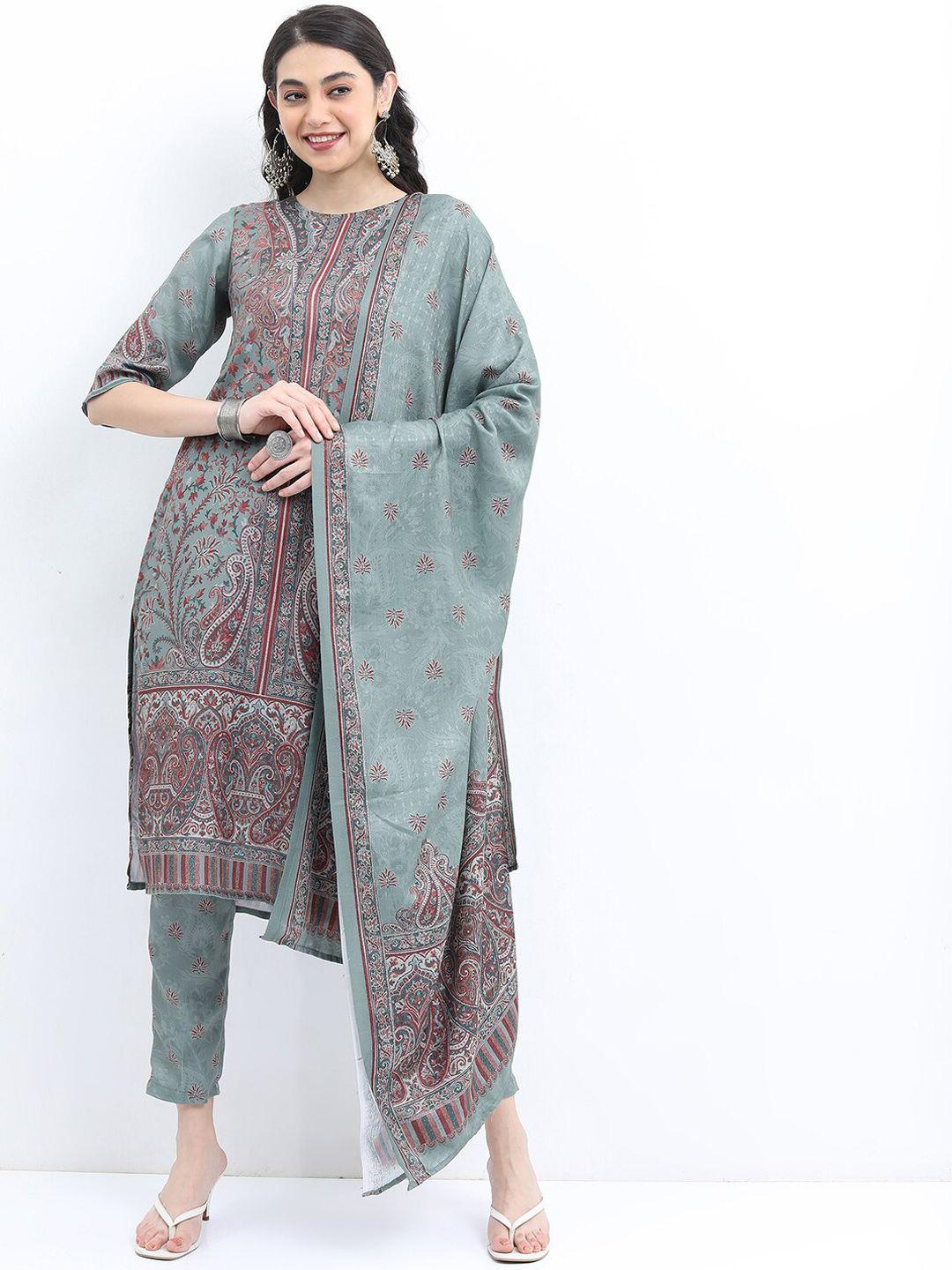 ketch ethnic motifs printed faux pashmina kurta with trousers & dupatta