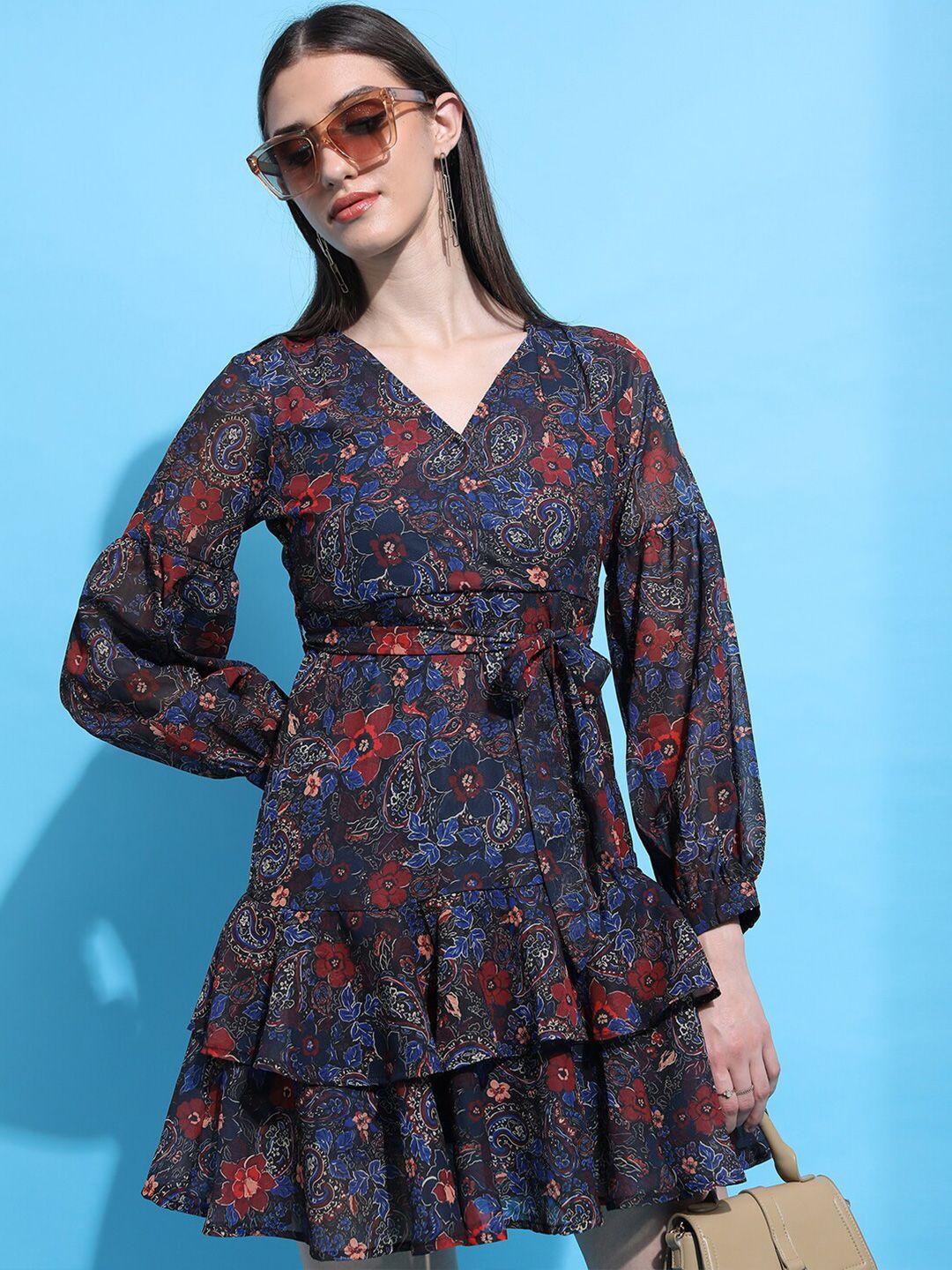 ketch floral printed puff sleeve tie-up fit & flare dress