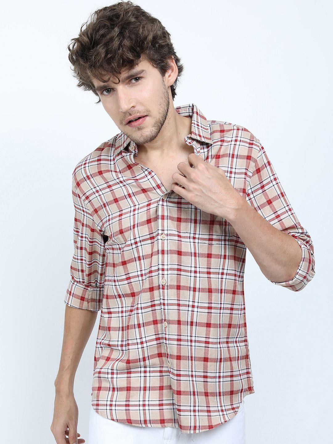 ketch men beige slim fit checked casual shirt
