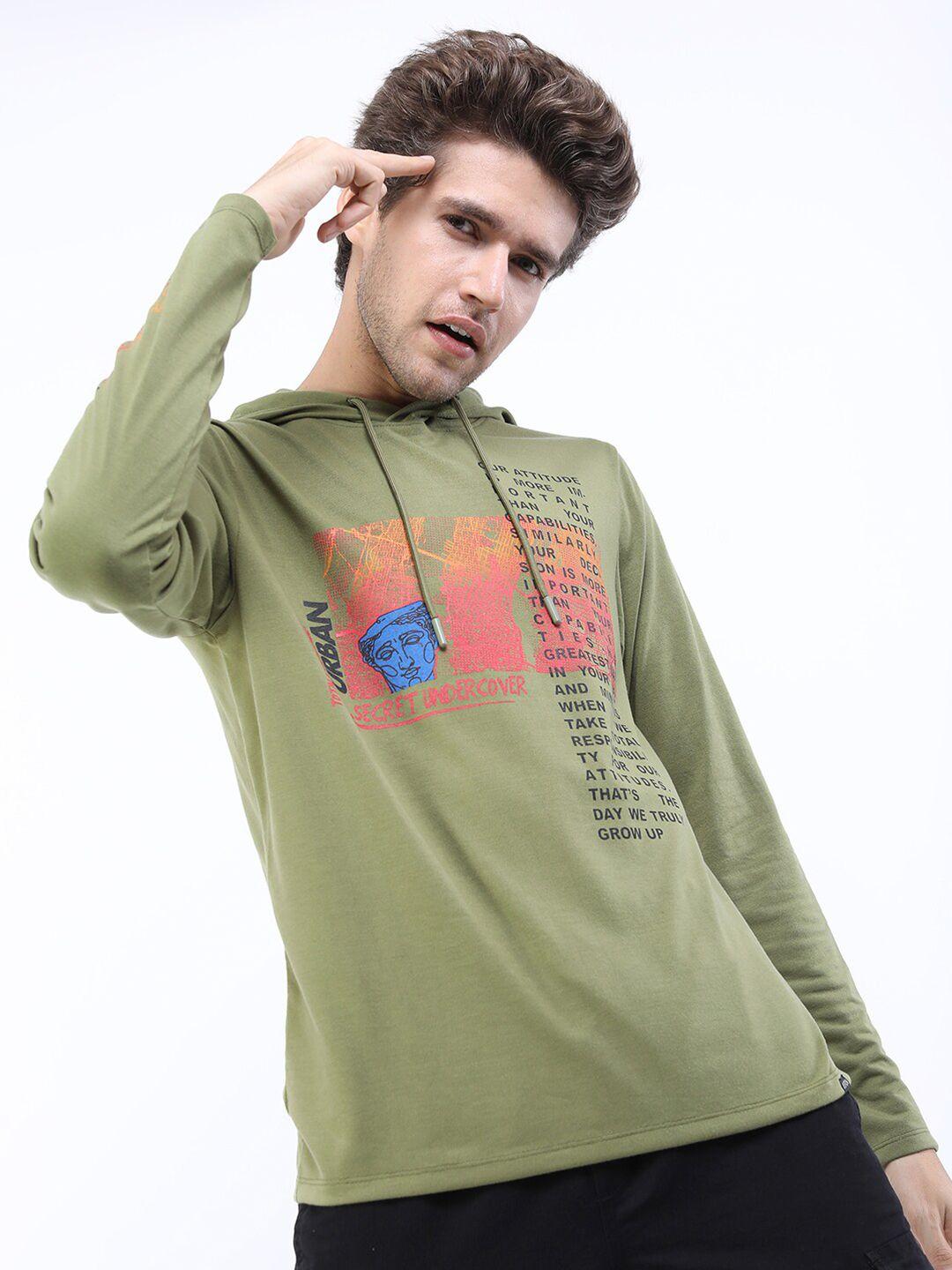 ketch men olive green & coral typography printed hooded t-shirt