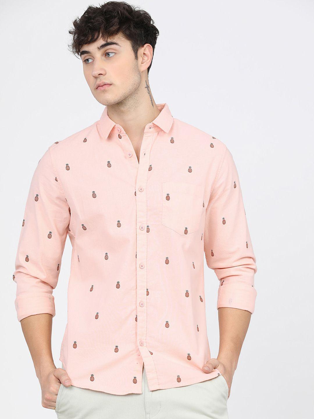 ketch men pink slim fit opaque printed casual shirt
