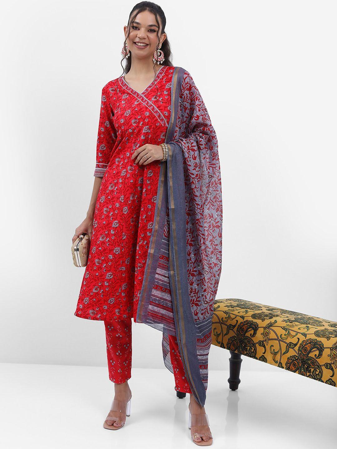 ketch red & grey floral printed regular anarkali kurta with trousers & with dupatta