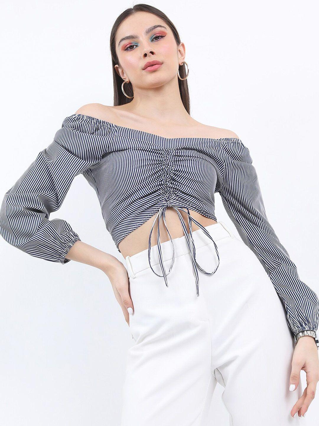 ketch vertical striped off-shoulder puff sleeves ruched bardot crop top