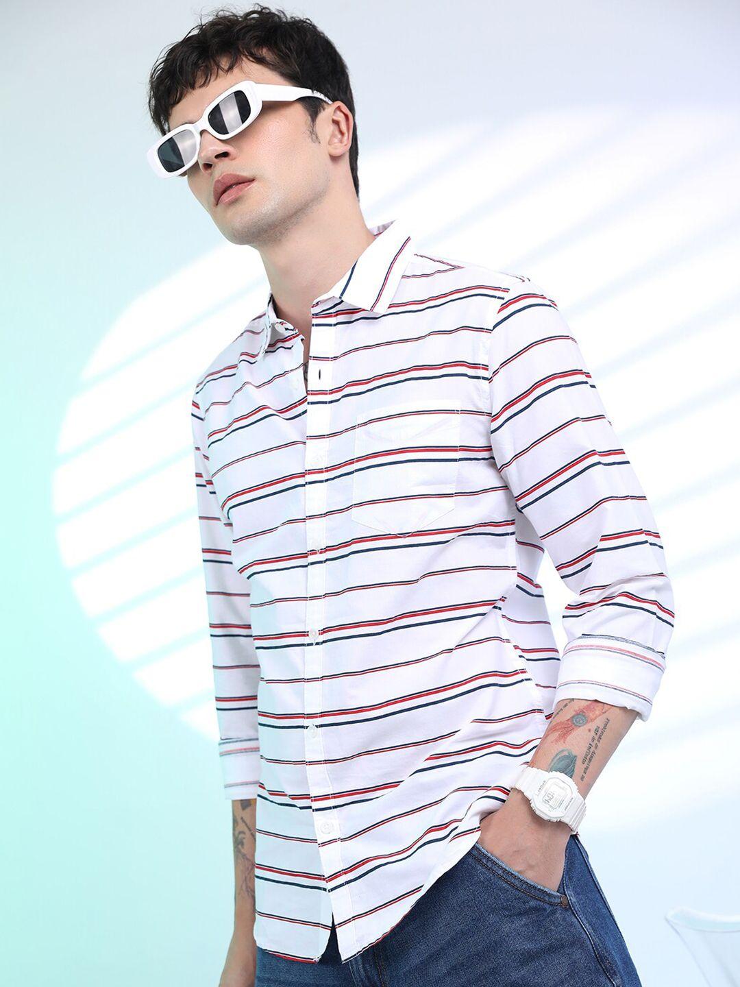 ketch white horizontal striped cotton slim fit casual shirt
