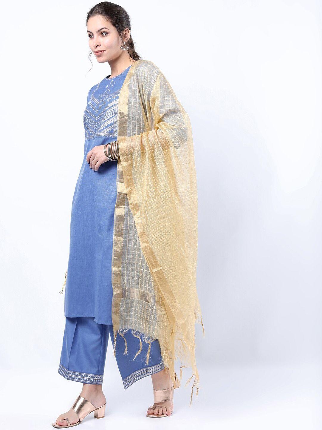 ketch women blue yoke design printed straight kurta with palazzos & with dupatta