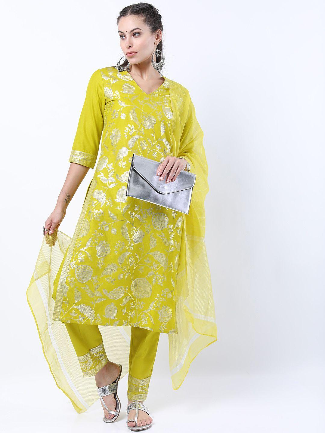 ketch women lime green floral straight kurti with trousers & with dupatta