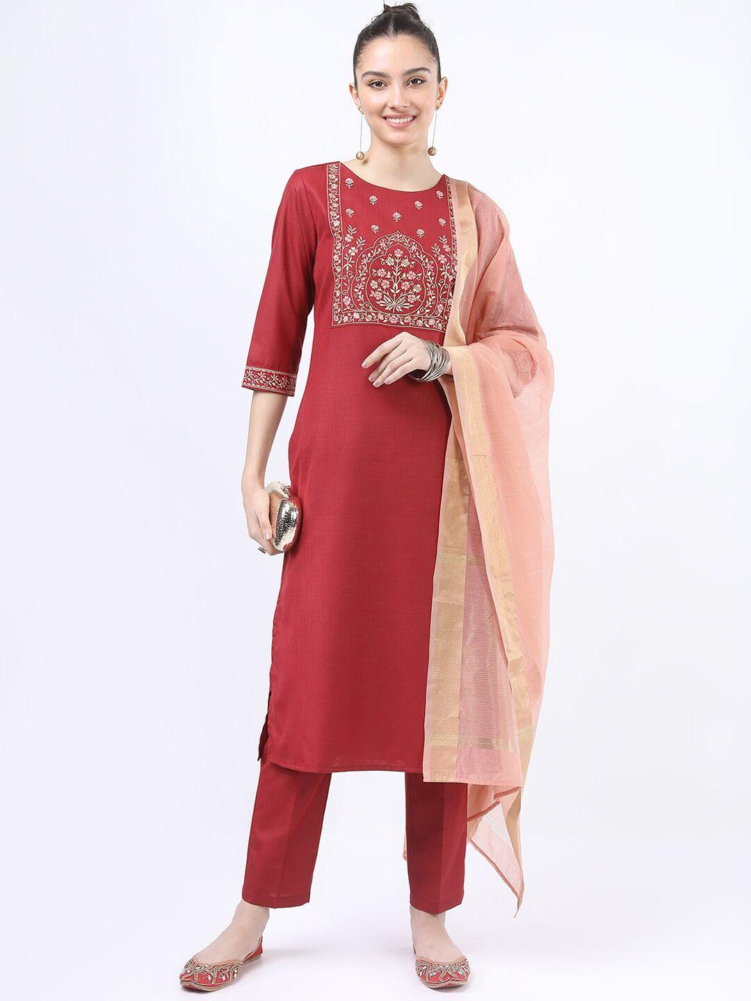 ketch women red embroidered panelled kurti with trousers & with dupatta
