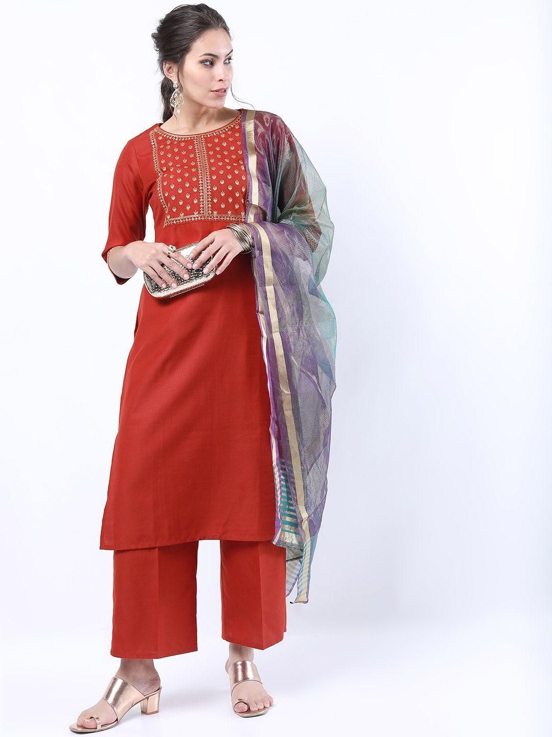 ketch women rust ethnic motifs yoke design straight kurta with palazzos & with dupatta