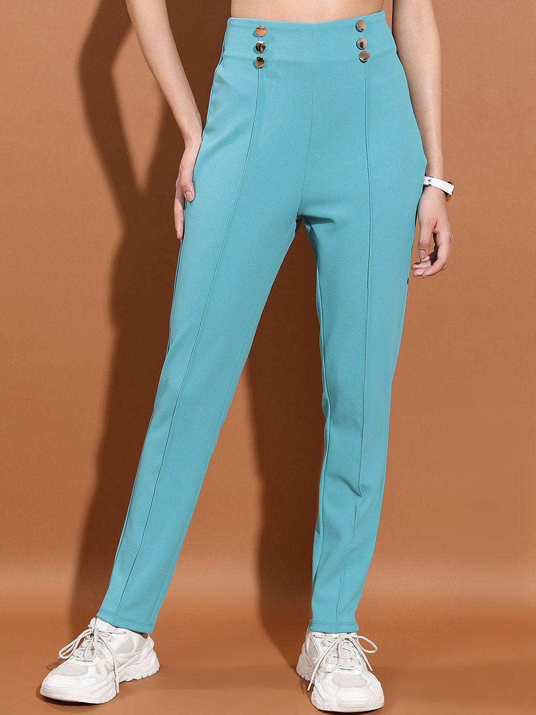 ketch women sea green slim fit mid-rise pleated trousers