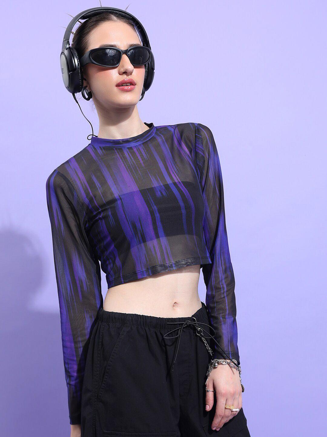 ketch abstract printed round neck long sleeves sheer crop top