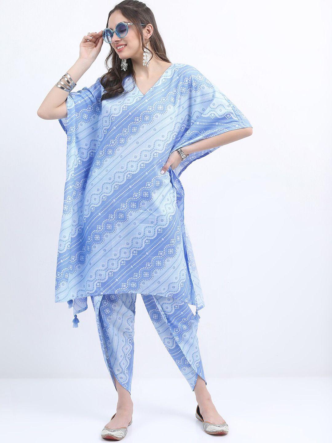 ketch bandhani printed v-neck high-low kurta with dhoti pants