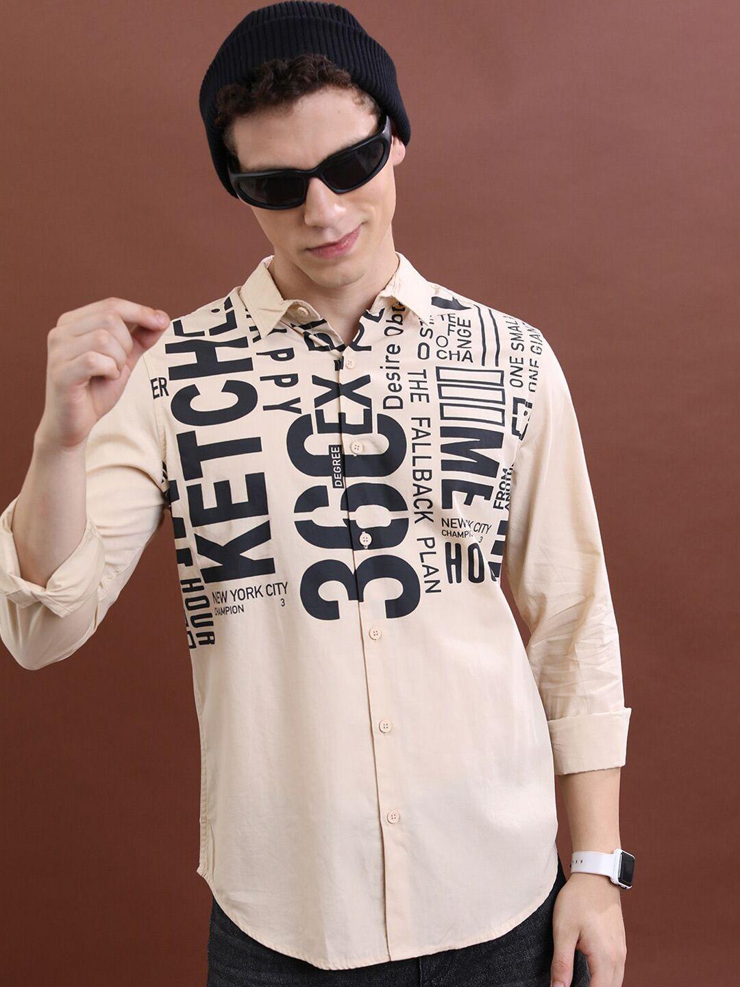 ketch beige slim fit typography printed cotton casual shirt