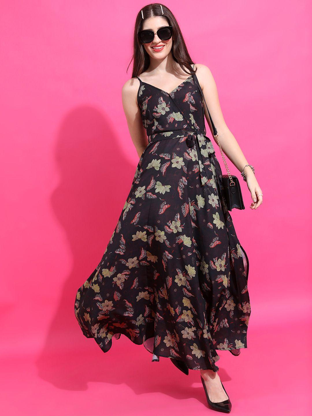 ketch black floral printed tie-ups maxi dress