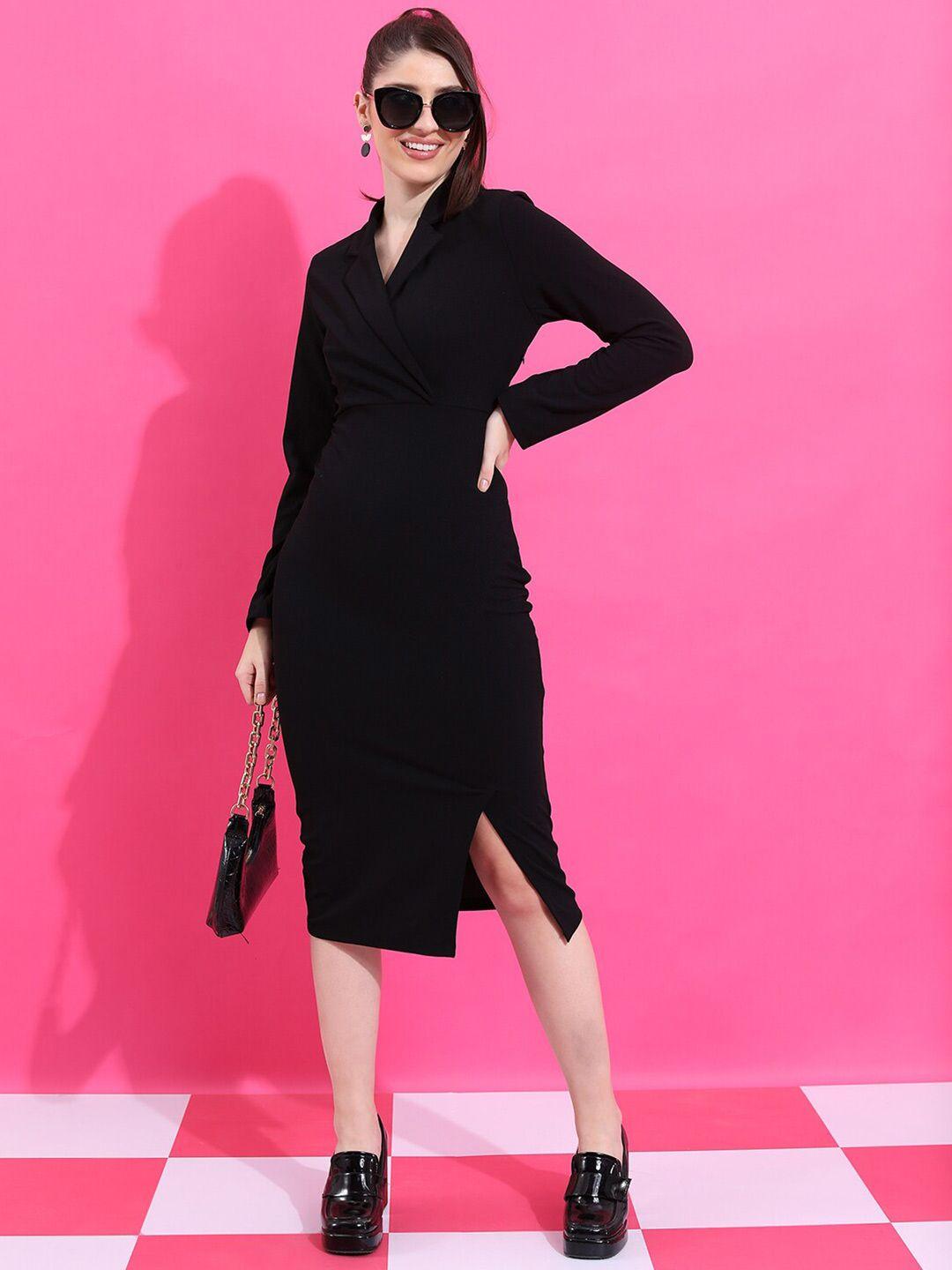 ketch black notched lapel collar long sleeve gathered sheath midi dress