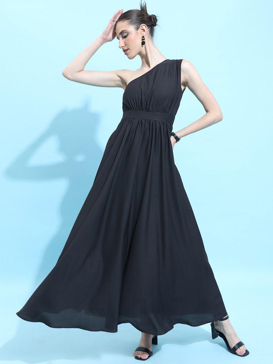 ketch black one shoulder sleeveless gathered fit & flare maxi dress