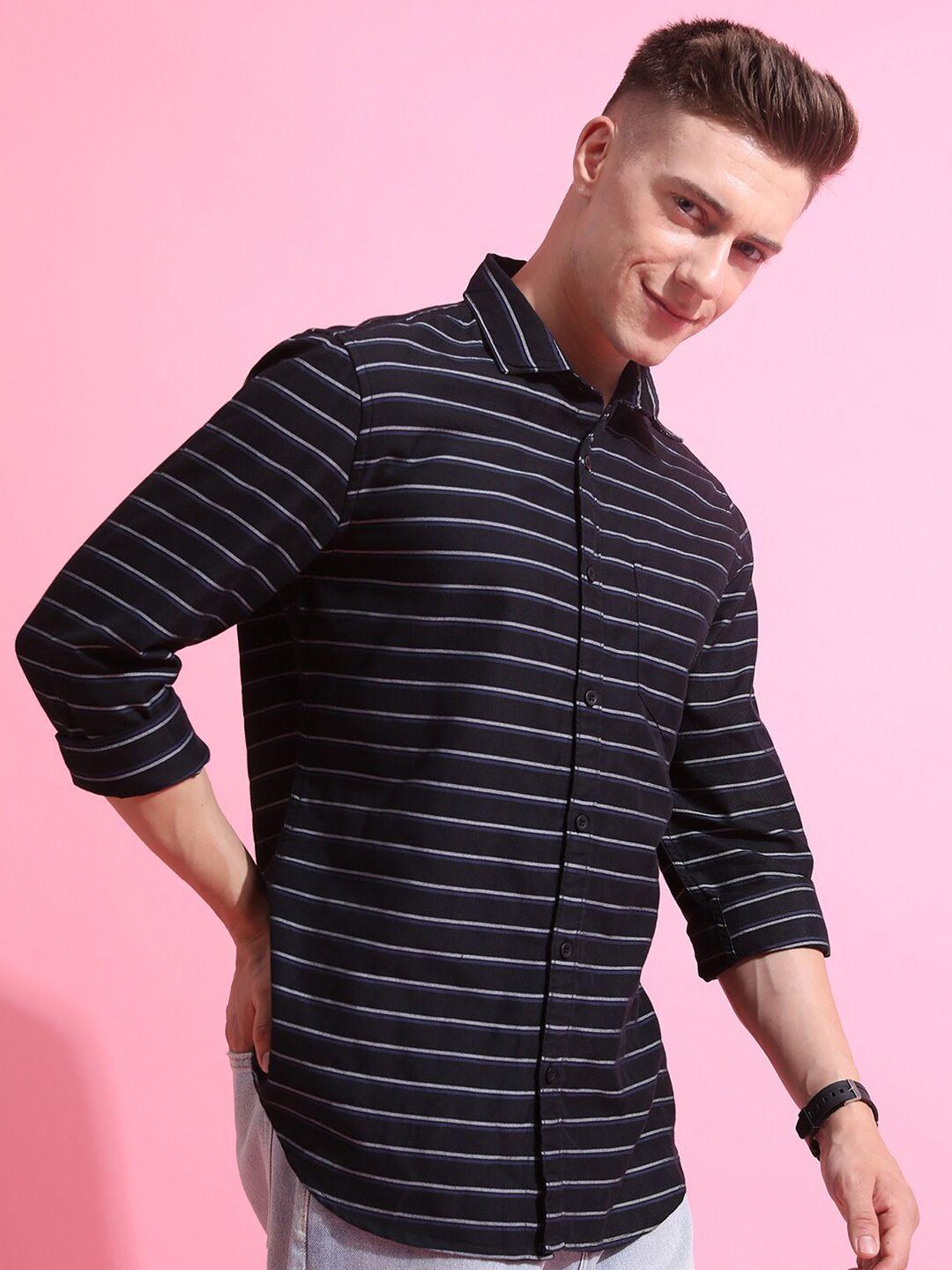 ketch black slim fit horizontal striped casual shirt