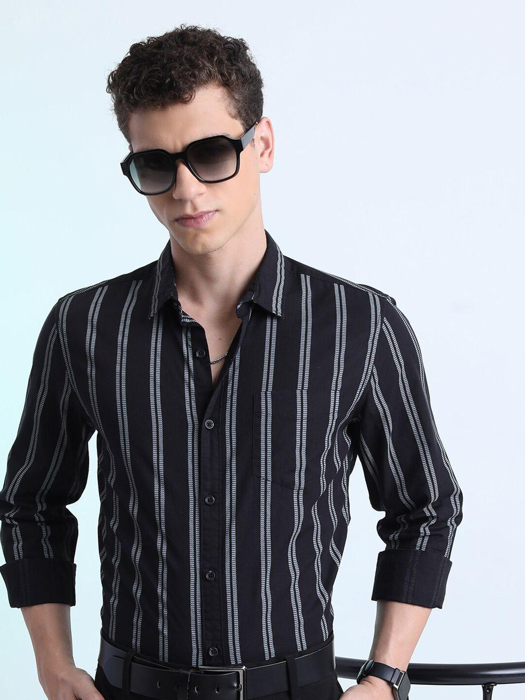 ketch black slim fit opaque striped cotton casual shirt