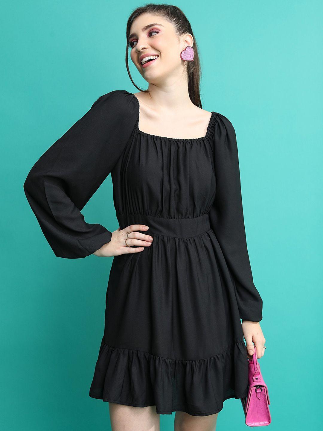 ketch black square neck puff sleeves gathered fit & flare dress