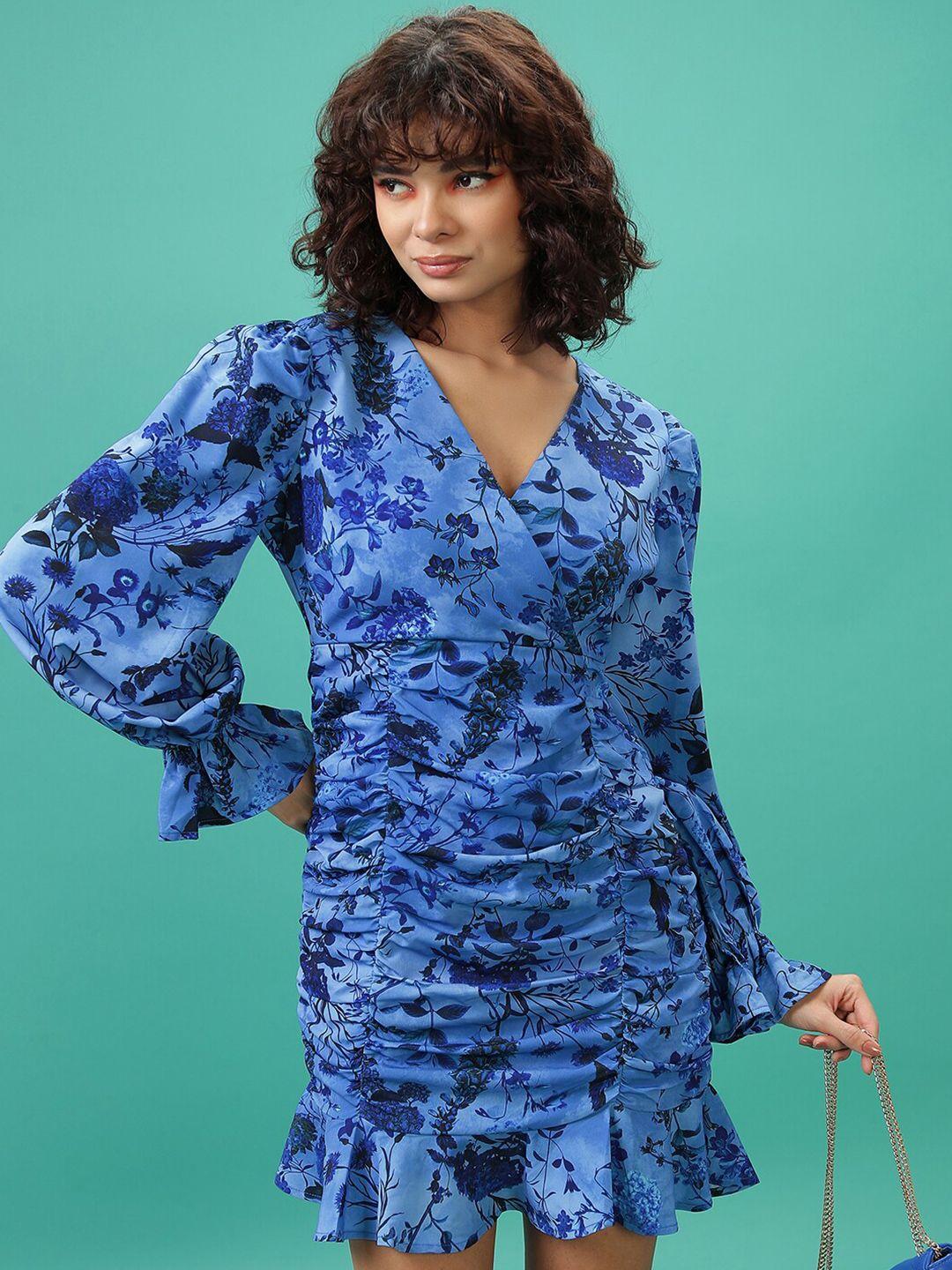 ketch blue floral printed bell sleeves ruched sheath dress
