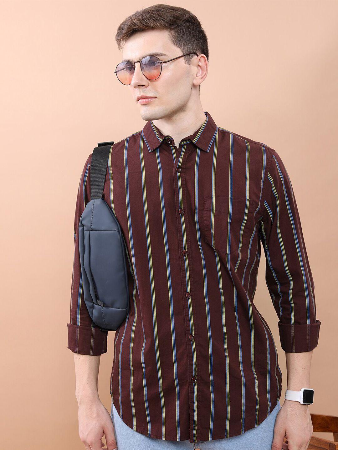 ketch coffee brown slim fit vertical striped cotton casual shirt