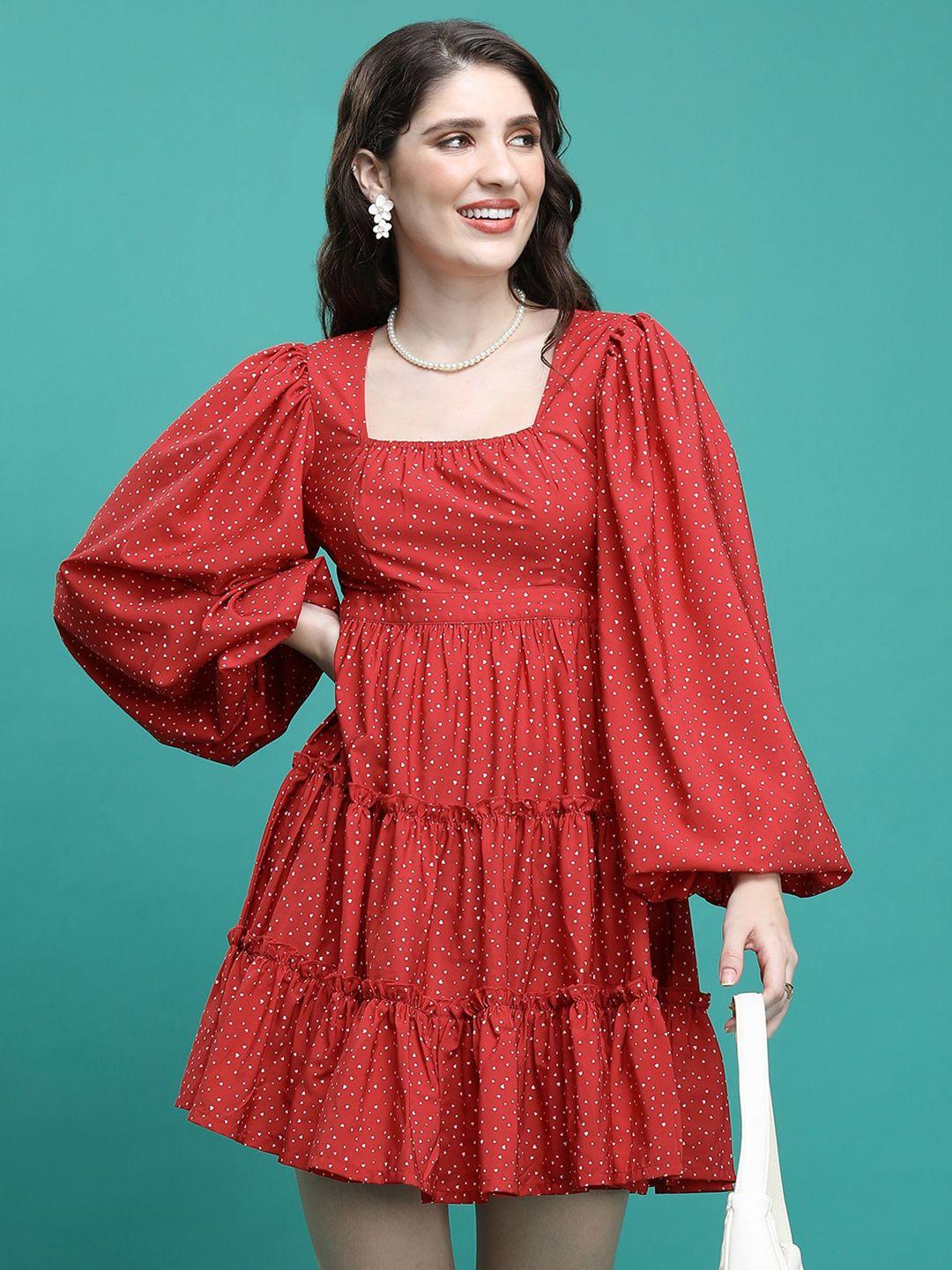 ketch conversational printed puff sleeves fit & flare mini dress