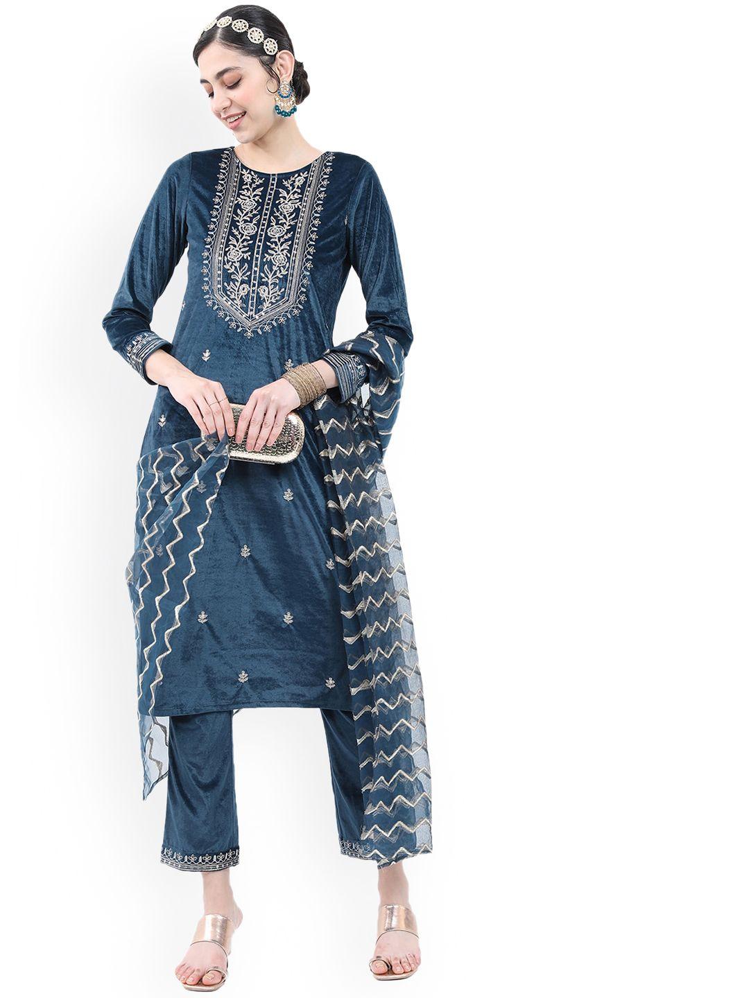 ketch embroidered knited velvet kurta & trousers with dupatta