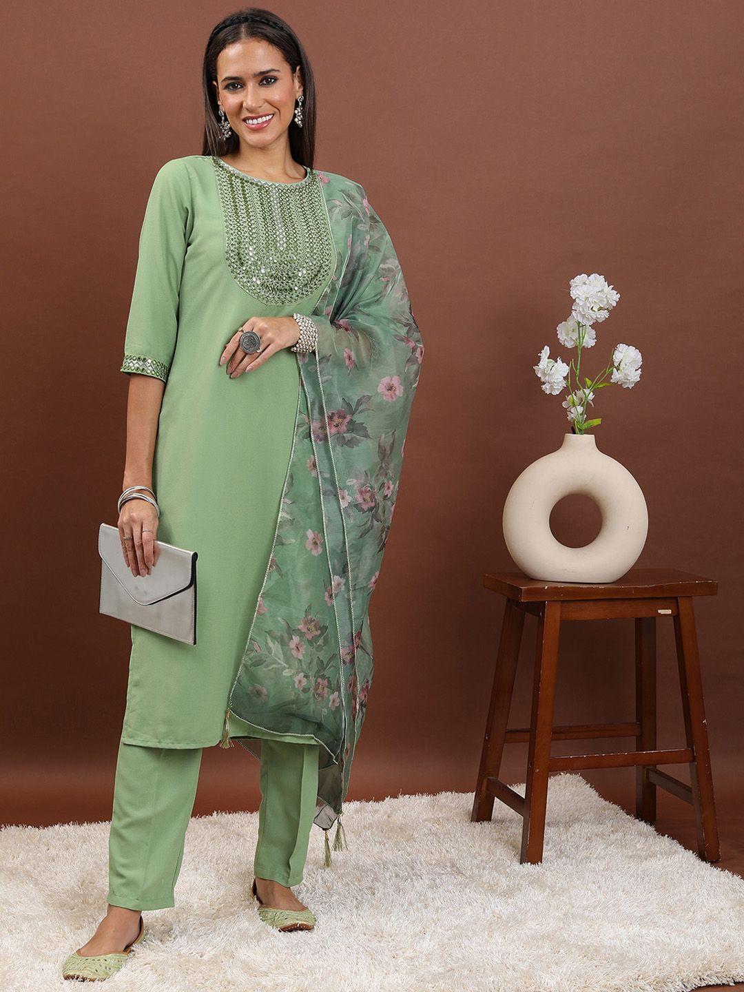 ketch embroidered regular mirror work kurta with trousers & dupatta