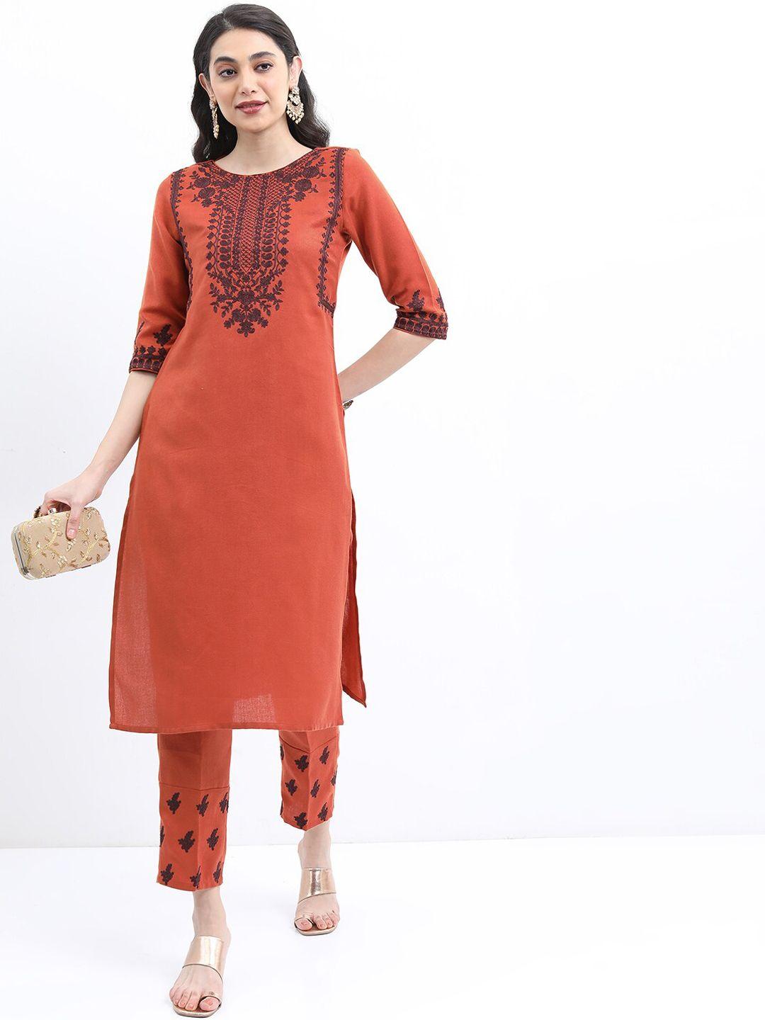 ketch ethnic motifs embroidered faux pashmina kurta with trousers