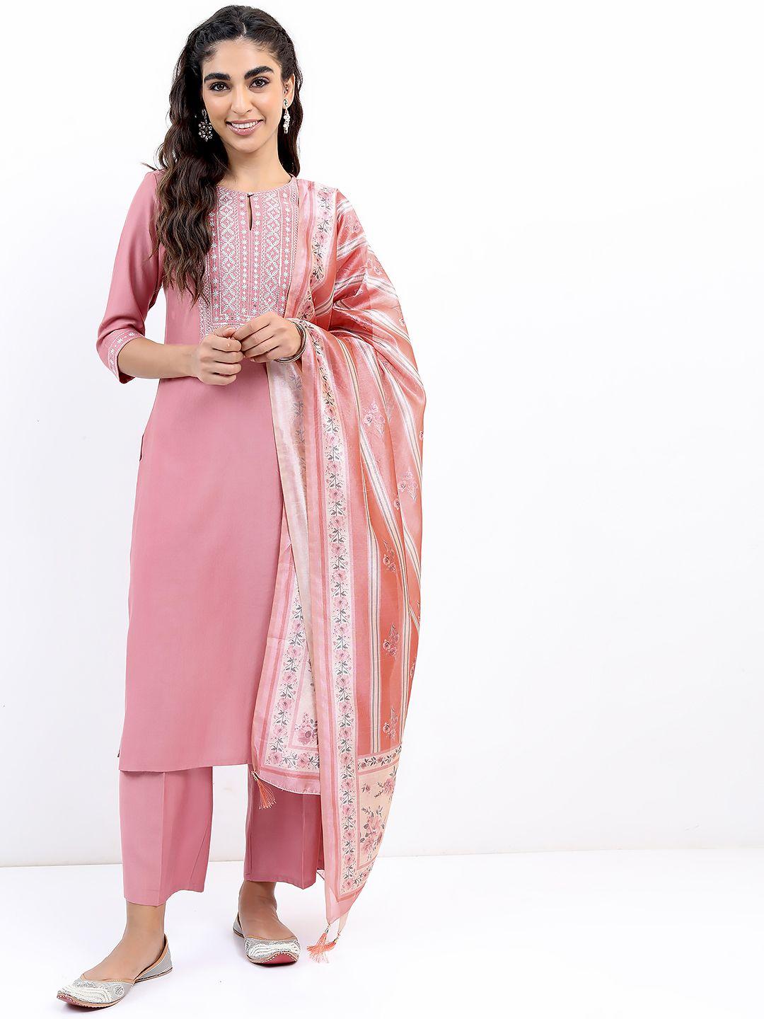 ketch ethnic motifs embroidered kurta with palazzos & dupatta