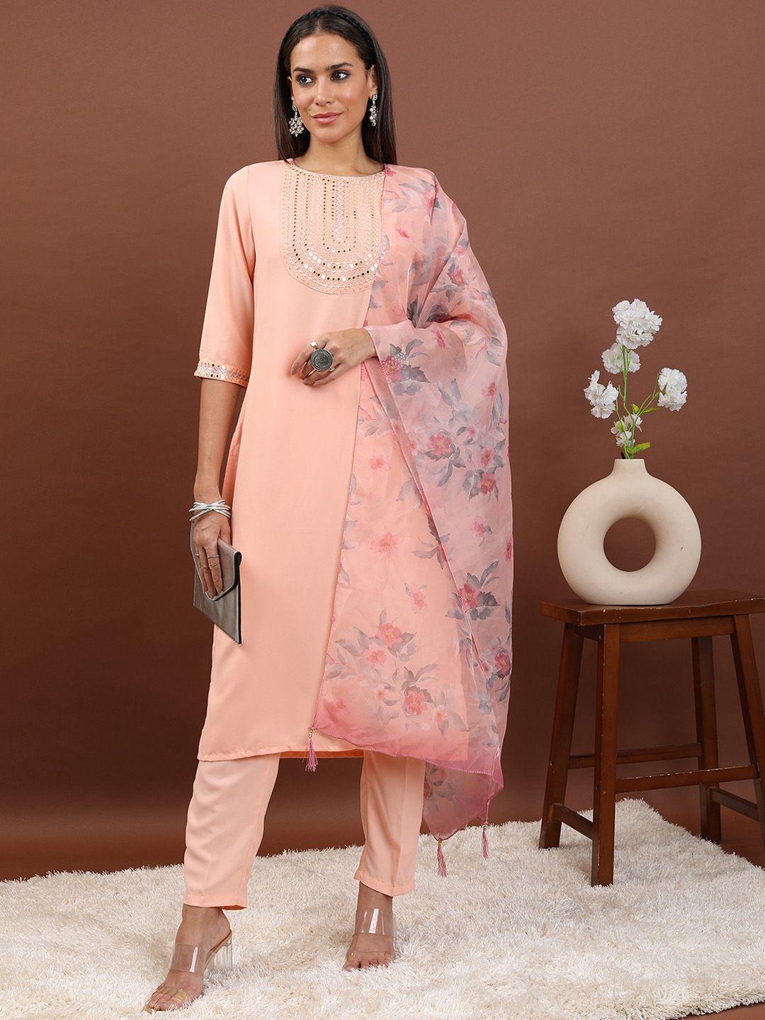 ketch ethnic motifs embroidered regular mirror work kurta with trousers &  dupatta