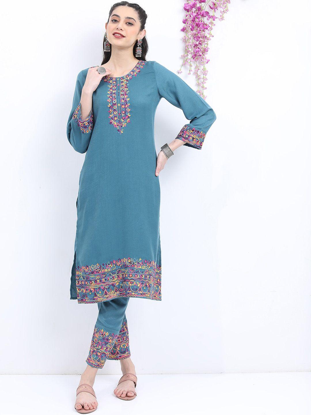 ketch ethnic motifs embroidered regular straight kurta with trousers