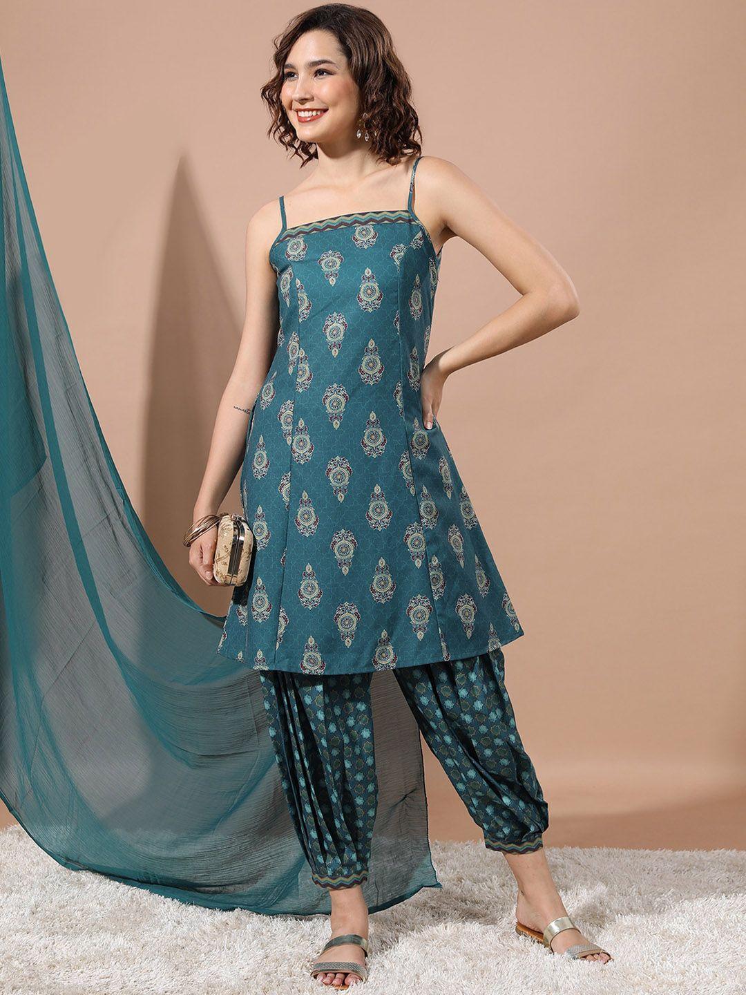 ketch ethnic motifs printed a-line kurta with salwar & dupatta