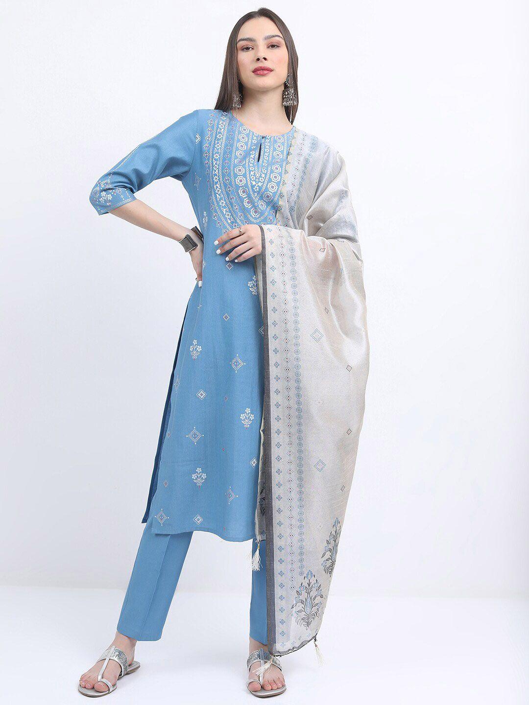 ketch ethnic motifs printed keyhole neck kurta with trousers & dupatta