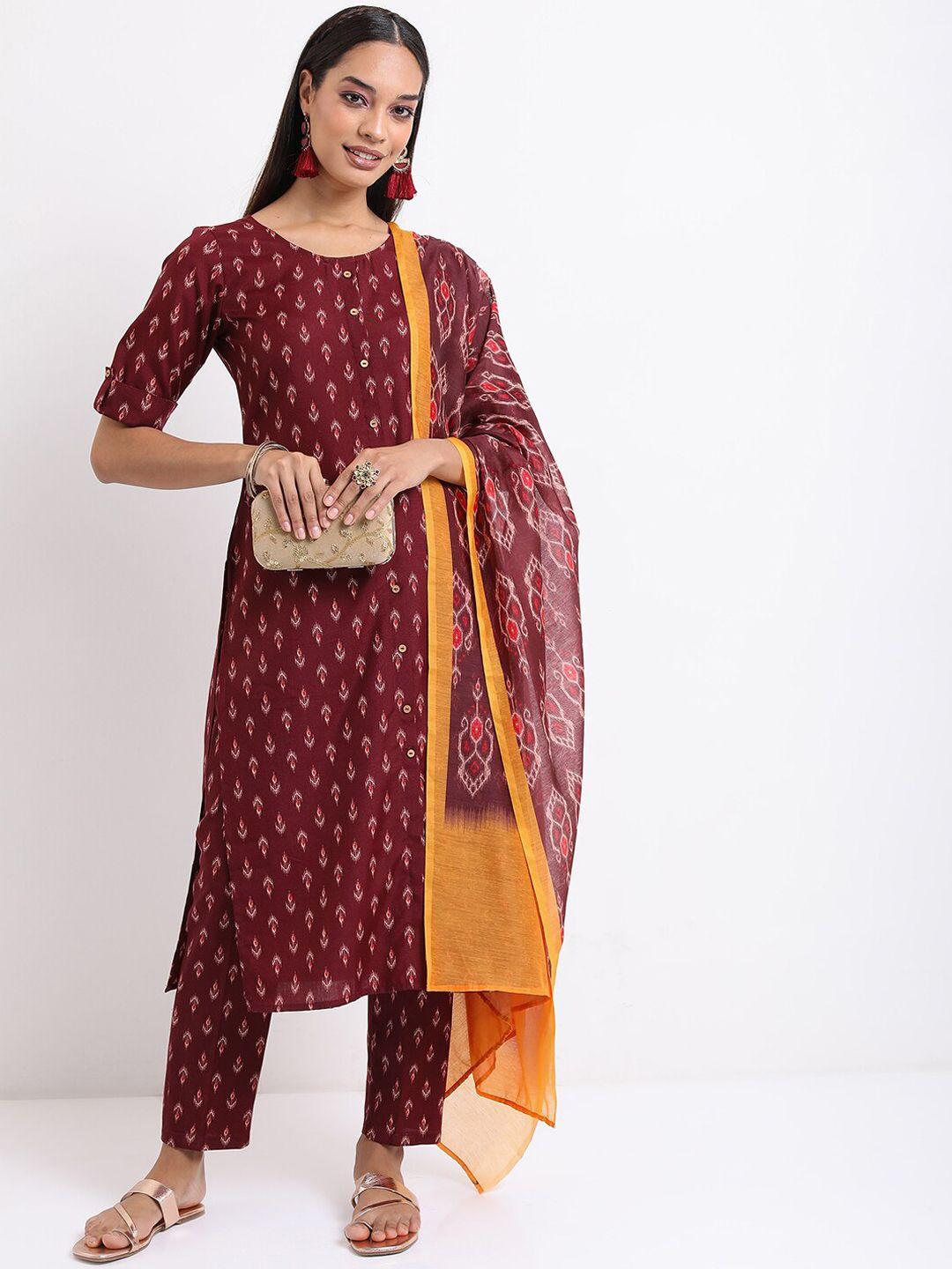 ketch ethnic motifs printed straight kurta with trousers & dupatta