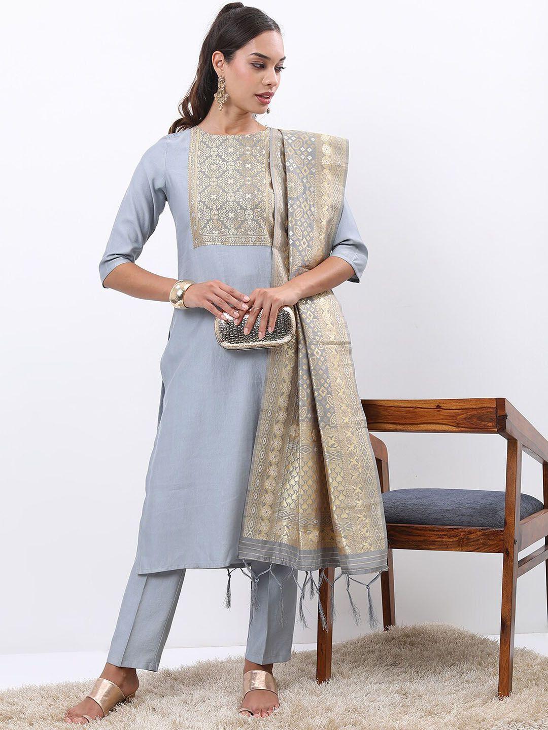 ketch ethnic motifs yoke design zari regular kurta with trousers & with dupatta