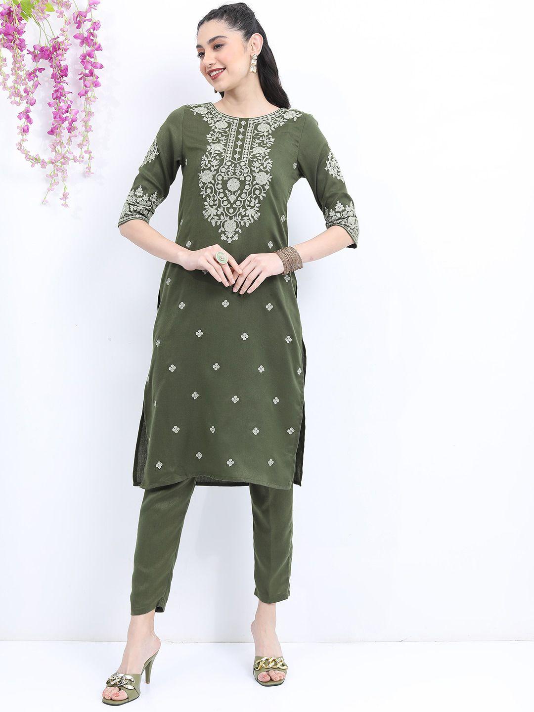 ketch floral embroidered regular thread work kurta with trousers