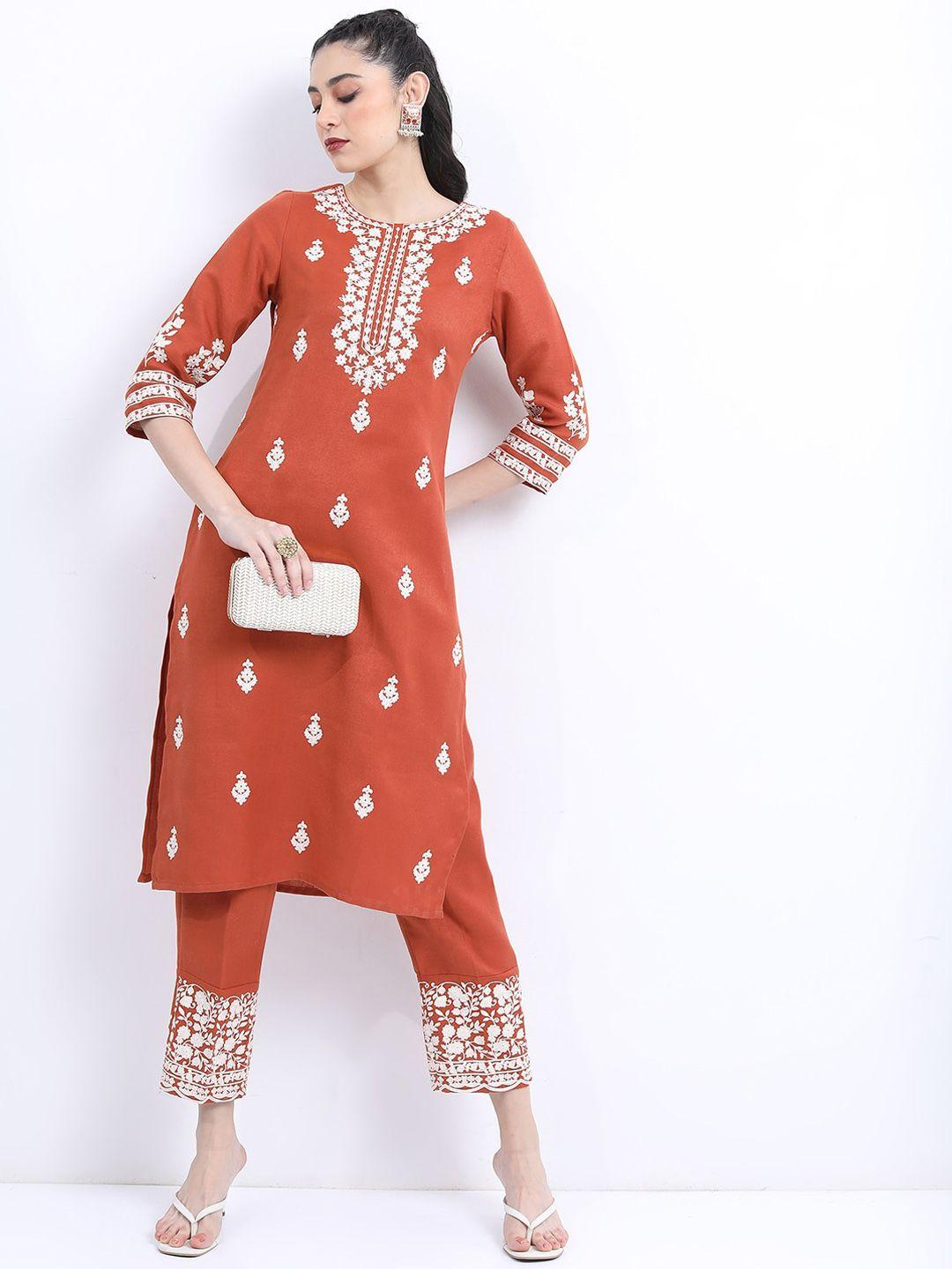 ketch floral embroidered regular thread work straight kurta with palazzos