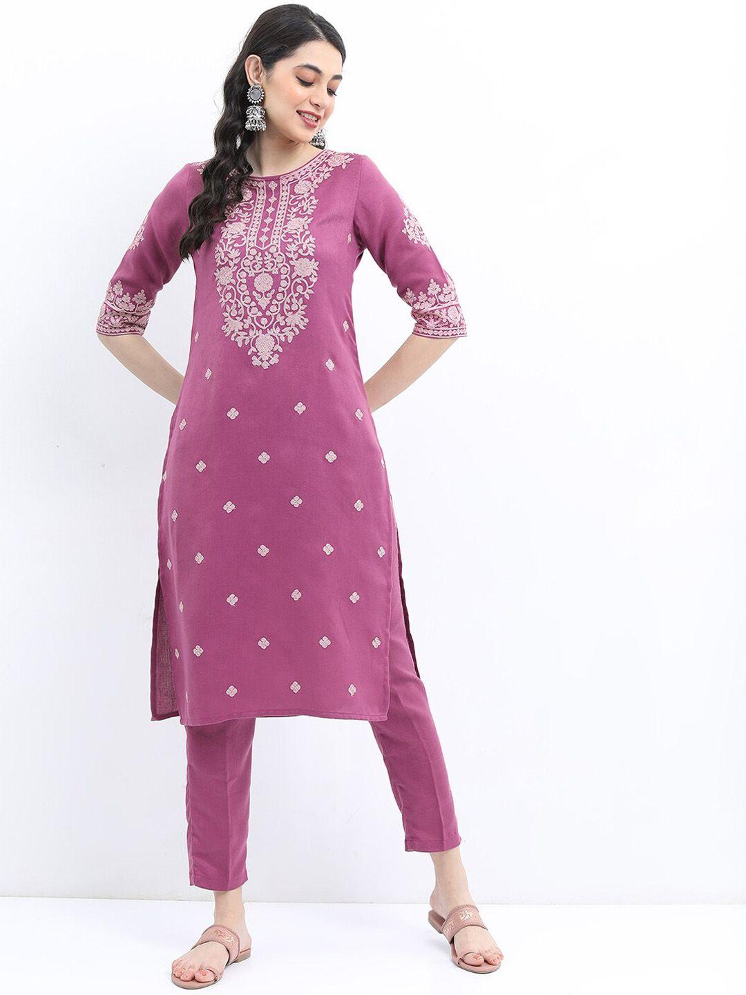 ketch floral embroidered thread work faux pashmina kurta with trousers