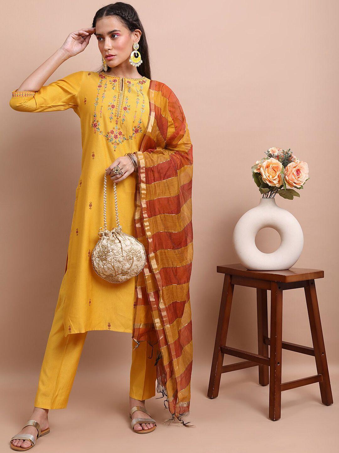ketch floral embroidered thread work kurta with trousers & dupatta