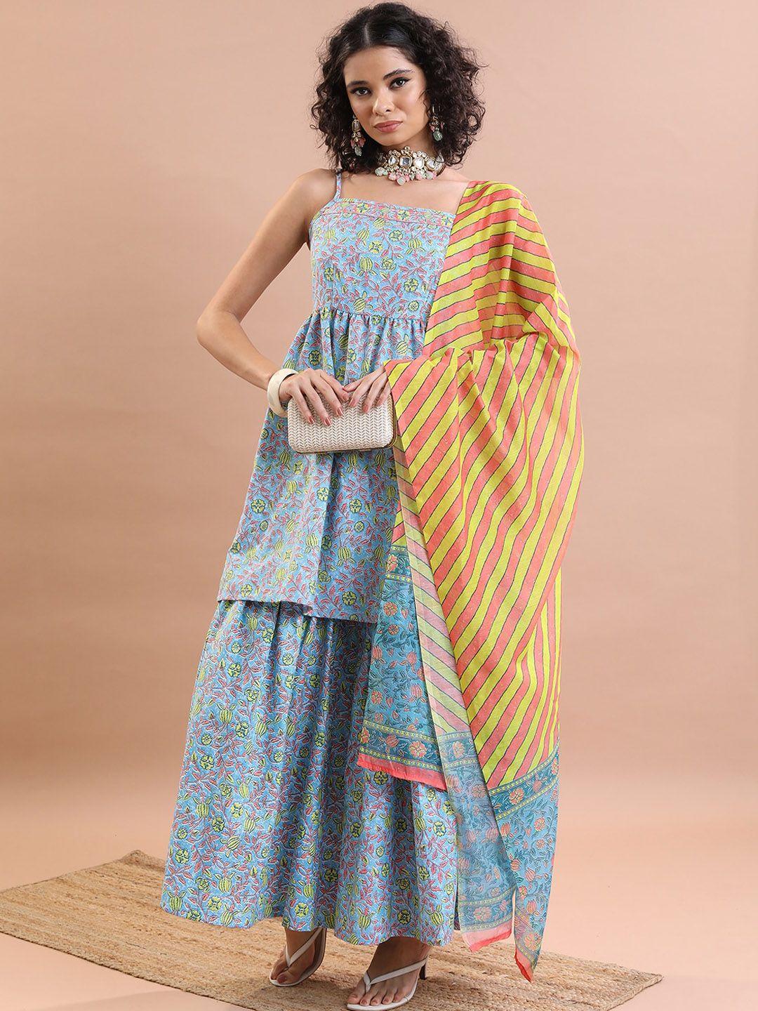 ketch floral printed a-line kurti with sharara & dupatta