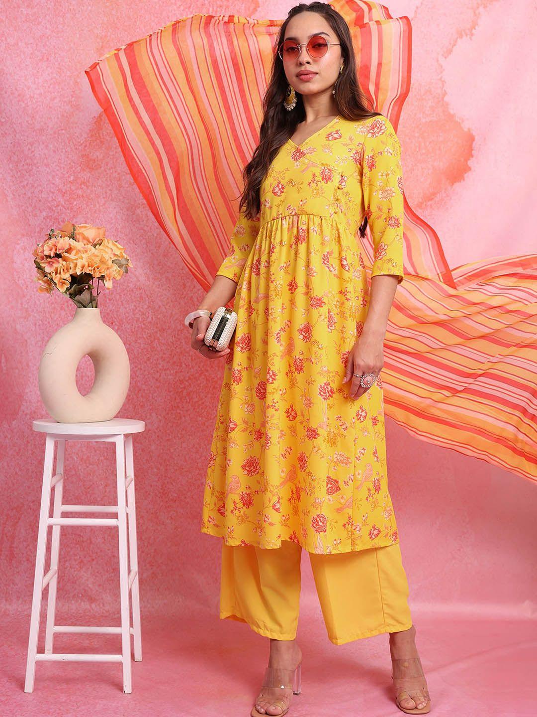 ketch floral printed angrakha a-line kurta with palazzos & with dupatta