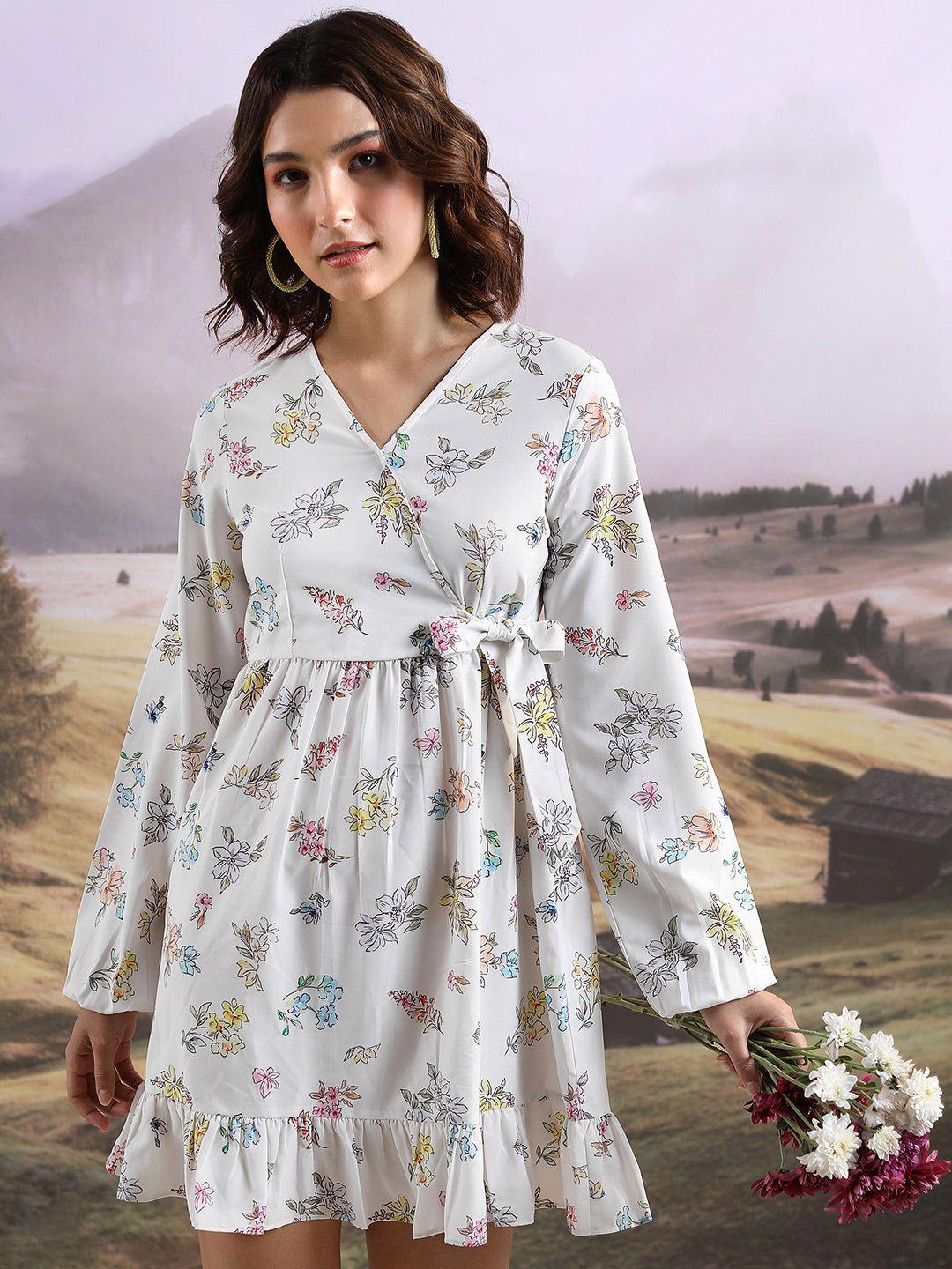 ketch floral printed cuffed sleeve ruffled wrap dress