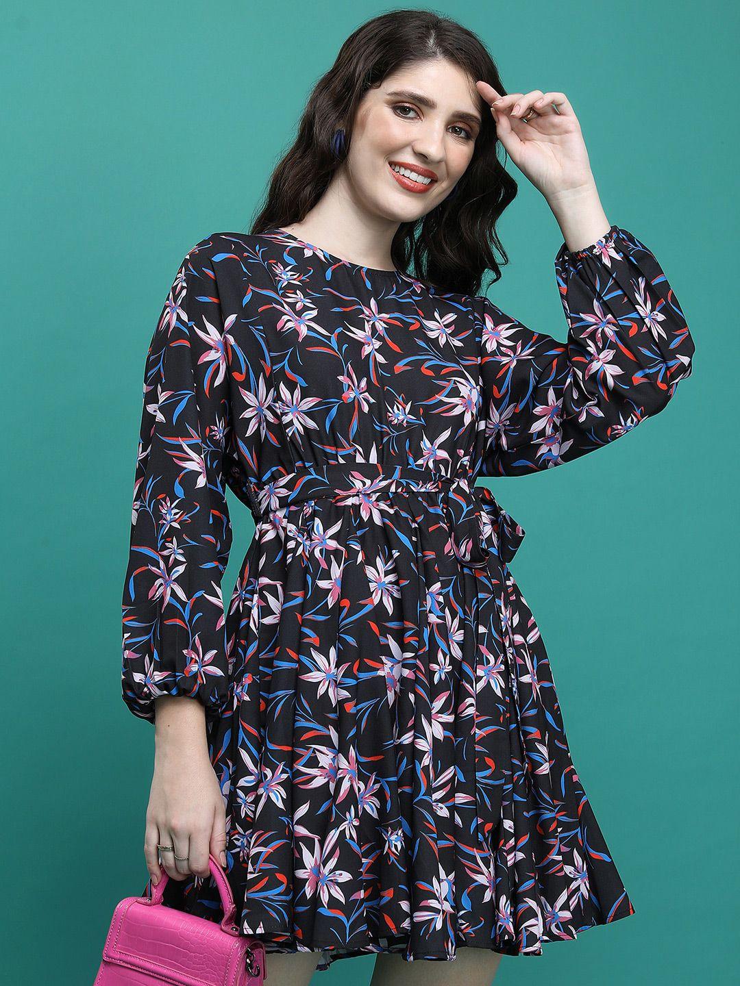 ketch floral printed cuffed sleeves fit & flare dress