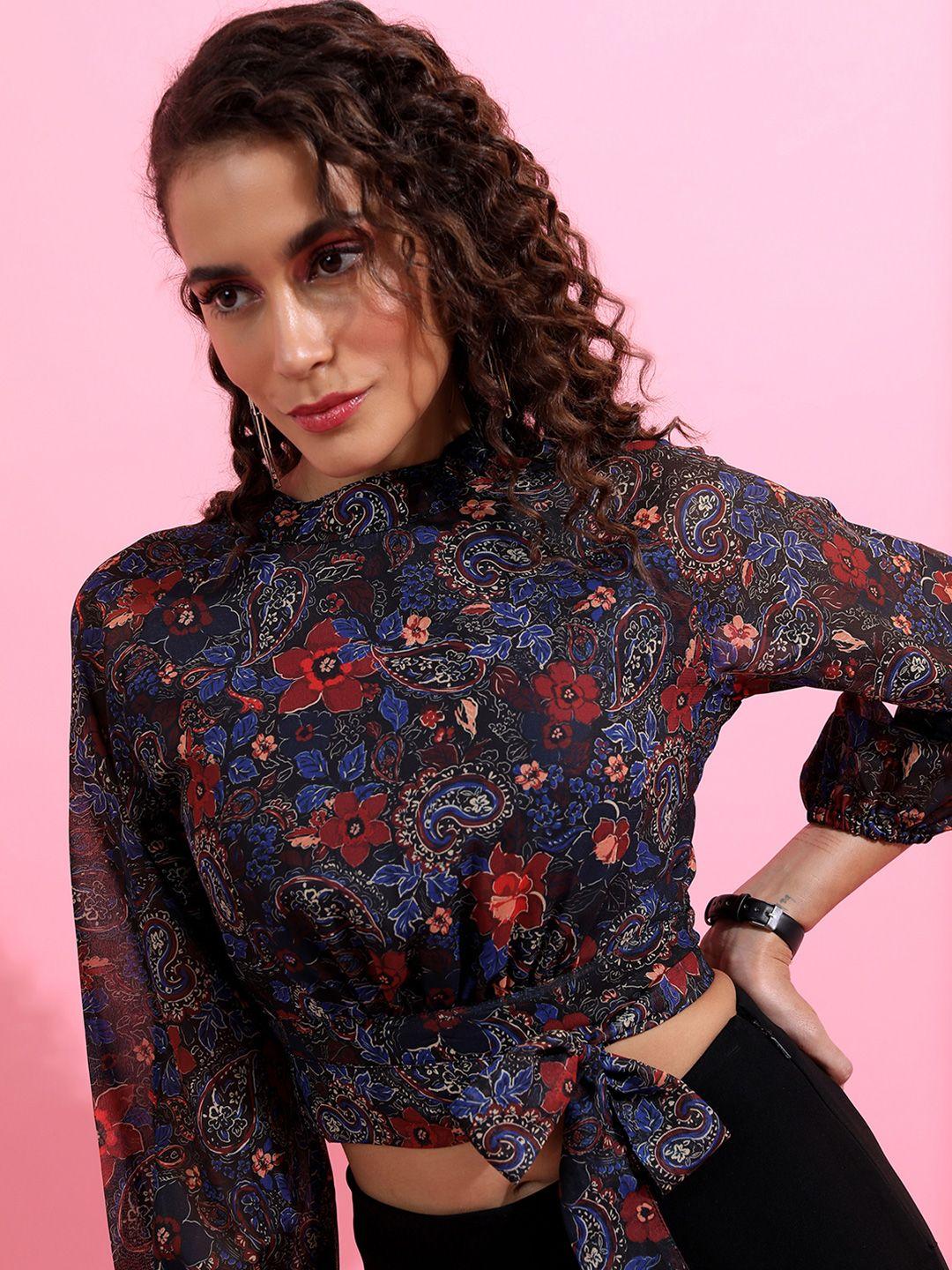 ketch floral printed high neck waist tie-ups top