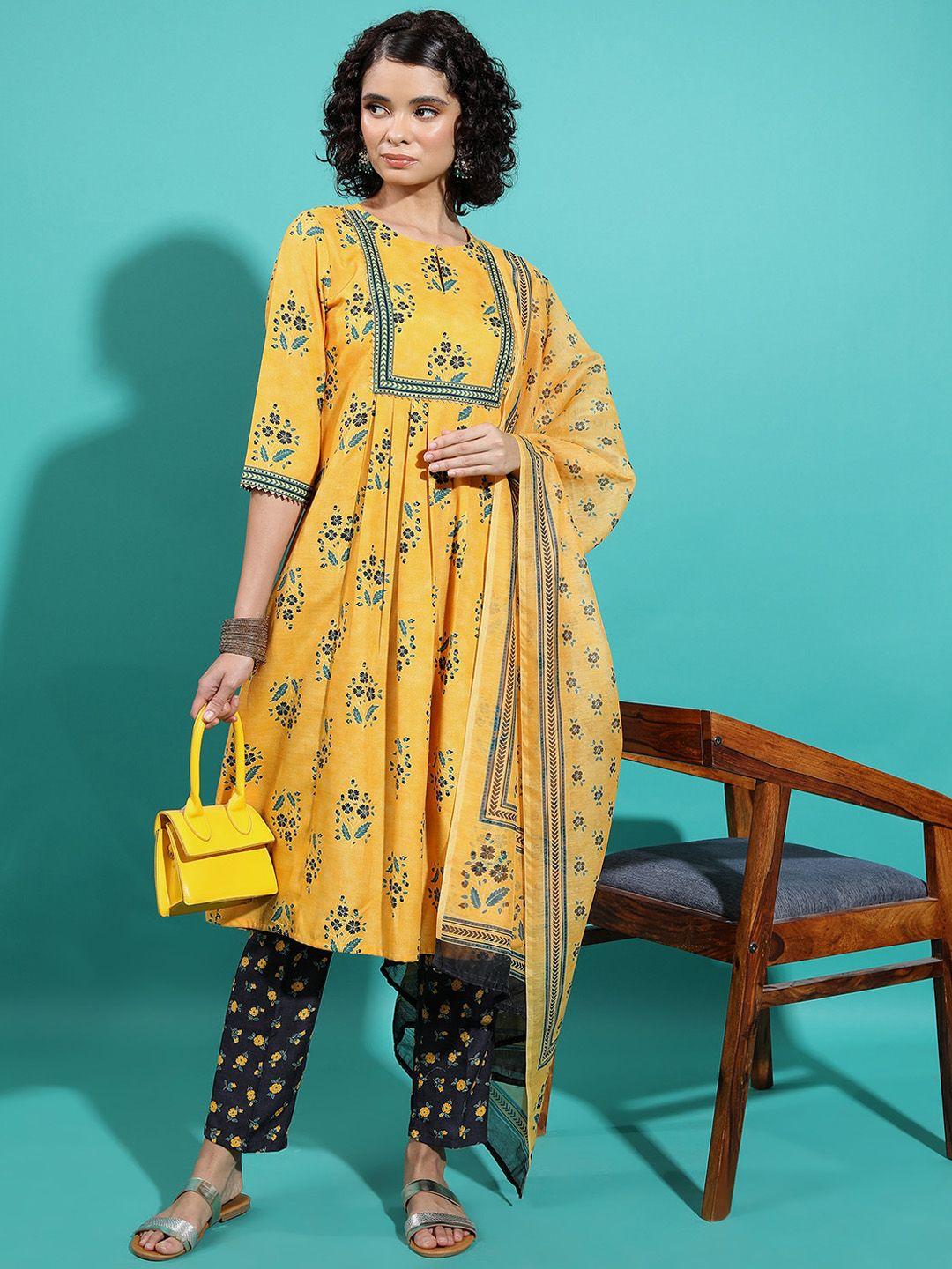 ketch floral printed pleated a-line kurta with trousers & dupatta