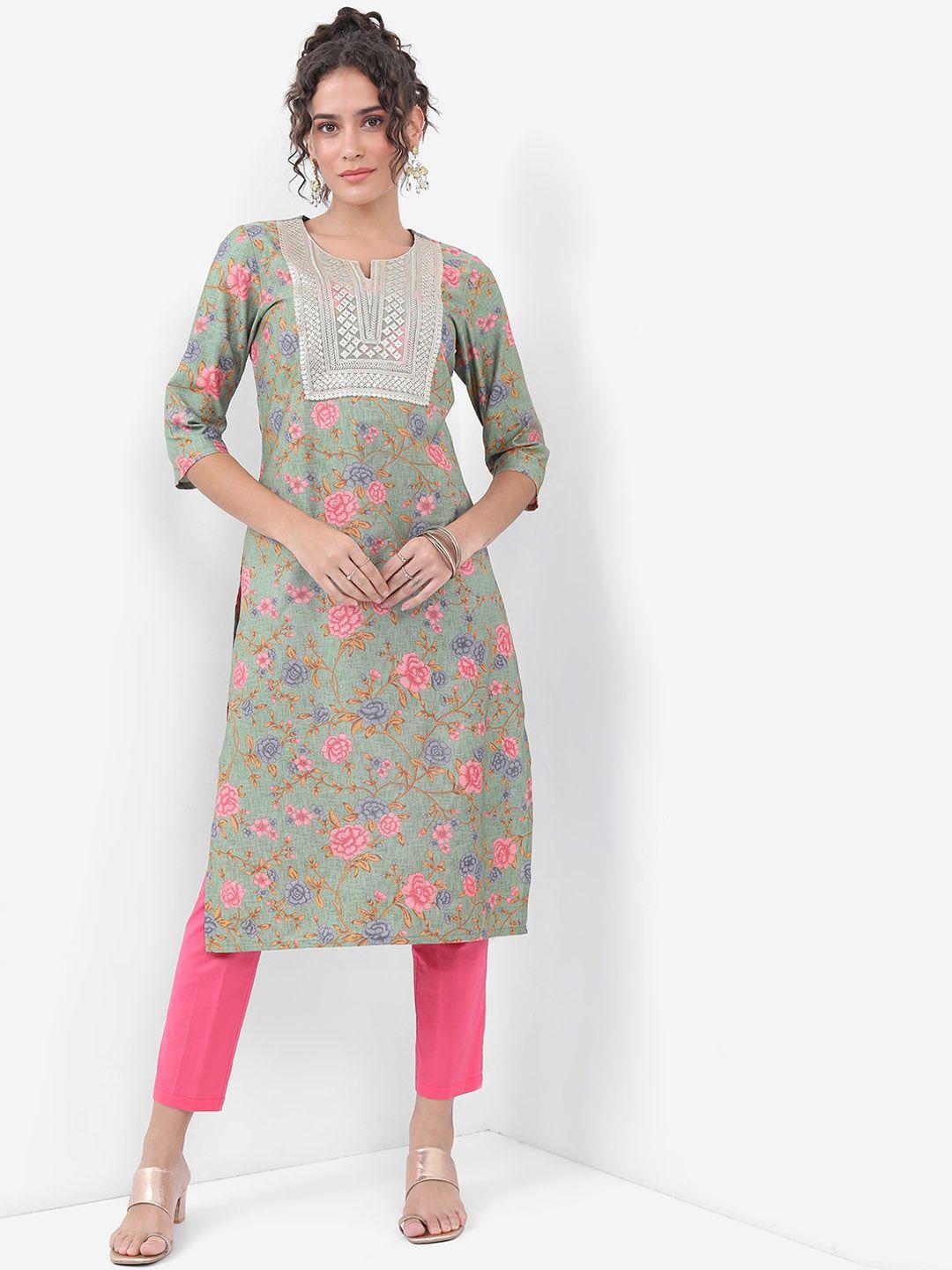 ketch floral printed round neck sequinned kurta