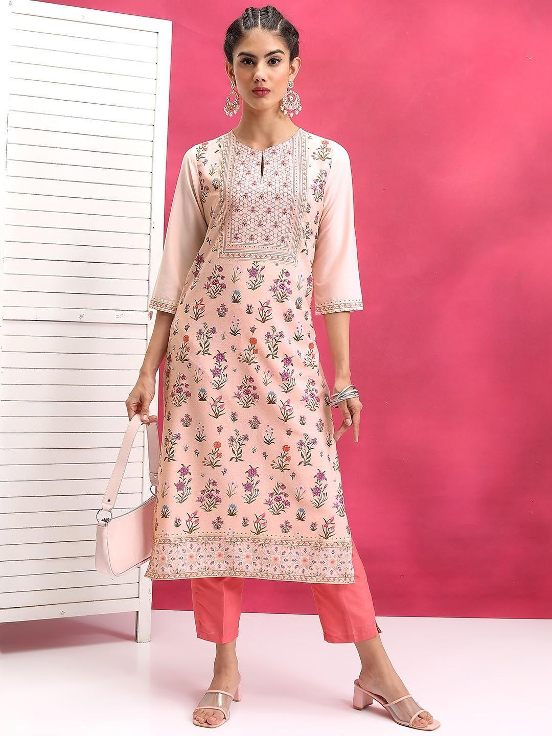 ketch floral printed round neck straight kurta