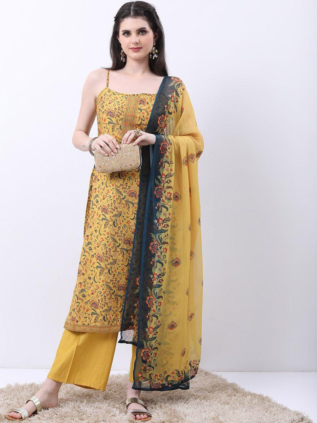 ketch floral printed shoulder straps kurta with palazzos & dupatta