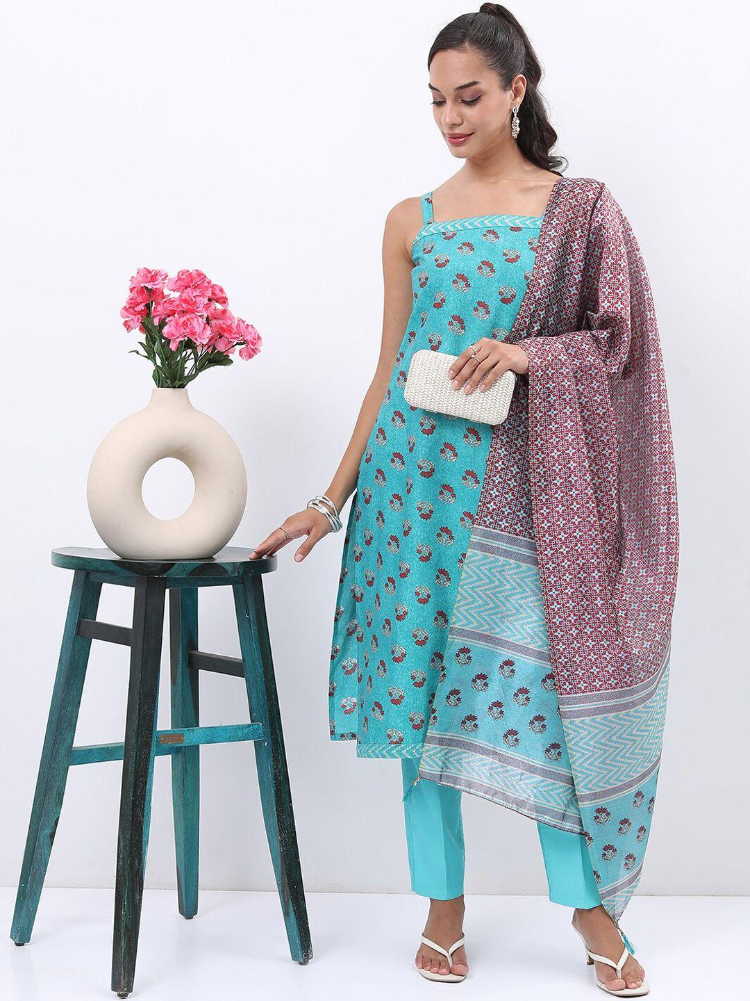 ketch floral printed shoulder straps kurta with trousers & dupatta